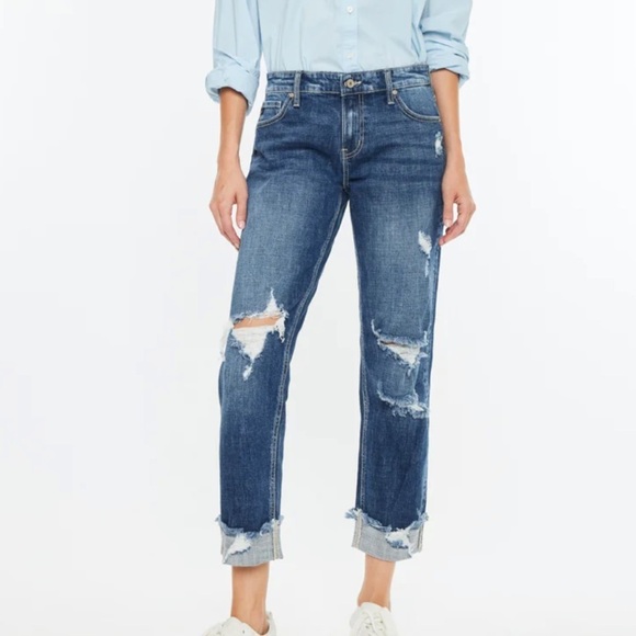 Kancan Russell Mid Rise Boyfriend Jeans distressed chewed hem - Picture 1 of 13